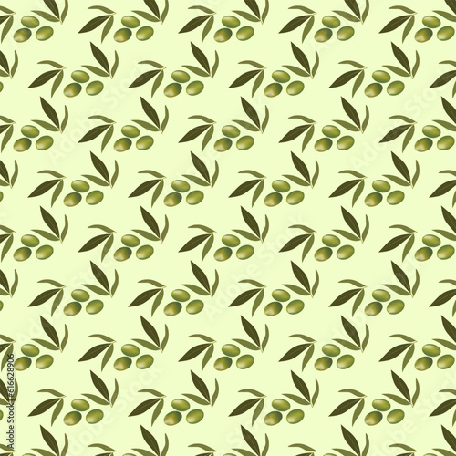 Seamless pattern with olive branch and green olives