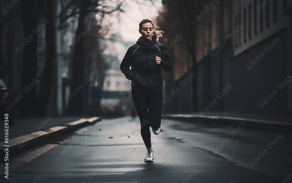 Woman running on the street. Generative AI technology. Woman running on the street. Generative AI technology.