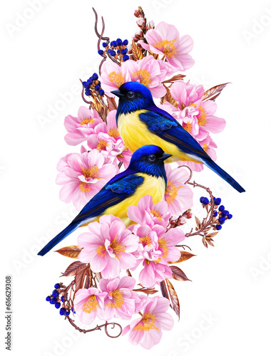 Flower composition, pink roses, small bright bird, inflorescences of beautiful flowers, vintage style, isolated on white background