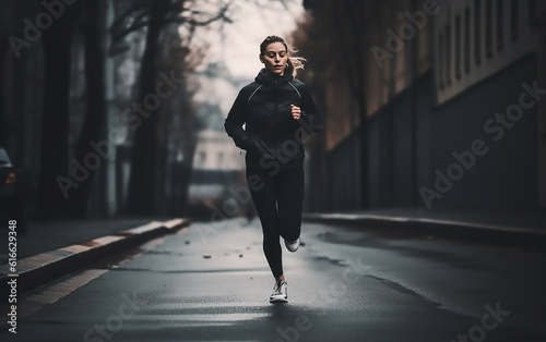 Woman running on the street. Generative AI technology.