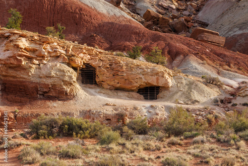 Blocked off uranium mine shafts in Capitol Reef National Park. Selective focus, background blur and foreground blur. 