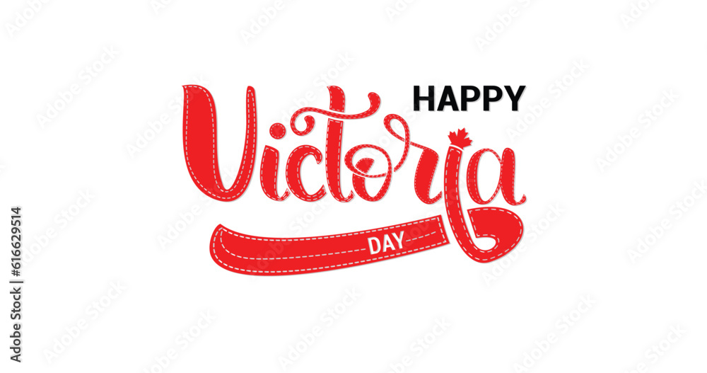 Happy Victoria Day handwritten text and red maple leaves. Hand lettering. Modern brush ink calligraphy for posters, banners, greeting cards, and invitations. Vector illustration design