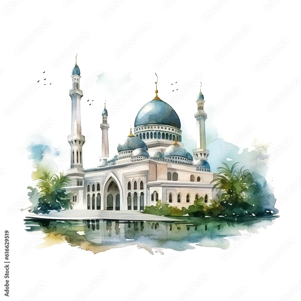 Taj mahal, mosque, watercolor, PNG background