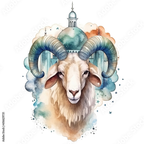 Eid al adha mubarak islamic festival watercolor sheep, PNG background