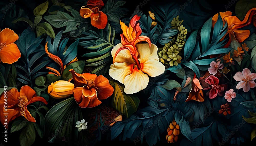 Floral tropical pattern on plant leaves background Floral tropical pattern on plant leaves background