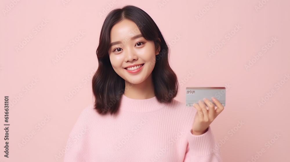 Happy young beautiful Asian woman showing credit card on pink studio background, shopping online concept, Generative AI Happy young beautiful Asian woman showing credit card on pink studio background, shopping online concept, Generative AI