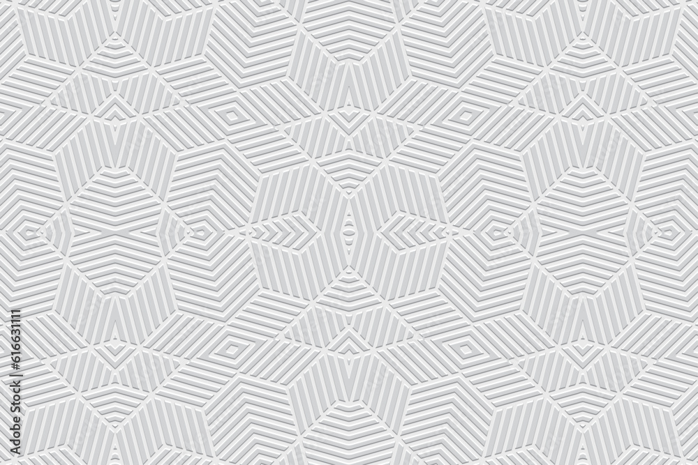 Embossed decorative white background, ethnic cover design. Geometric 3D pattern of lines, stripes and contours, press paper, leather. Tribal flavor of the East, Asia, India, Mexico, Aztec, Peru.