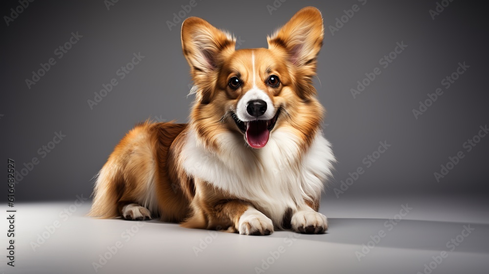 A Fluffy Long Hair Pembroke Welsh Corgi dog is sitting. Studio photo.