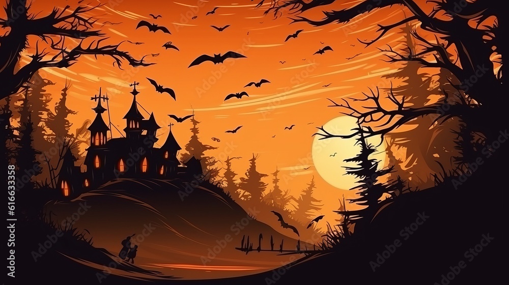 Ghosts in the graveyard in the atmosphere sunset during halloween, illustration, clip art. Generative AI