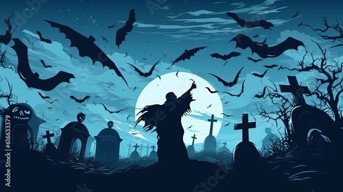 Ghosts in the graveyard in the atmosphere sunset during halloween, illustration, clip art. Generative AI © Marynkka_muis