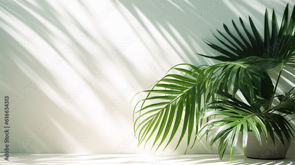 Obraz premium palm plant in studio interior white background wall. Transparent blurry shadow of tropical leaves morning sun light, generative ai