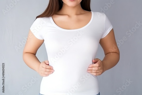 Blank white t-shirt mock up, woman wearing (Ai generated)