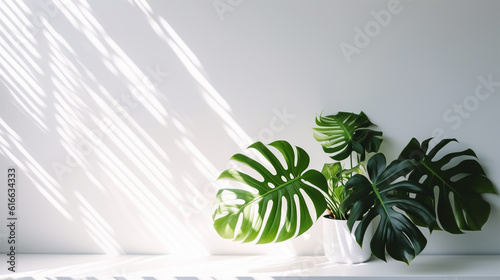 palm plant in studio interior white background wall. Transparent blurry shadow of tropical leaves morning sun light, generative ai