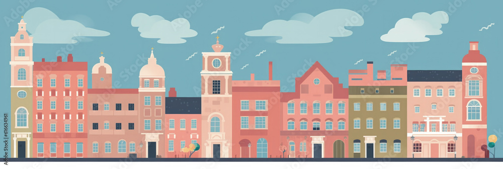 Rome city panorama, urban landscape with modern buildings. Business travel and travelling of landmarks. Illustration, web background. Skyscraper silhouette. Italy - Generative AI