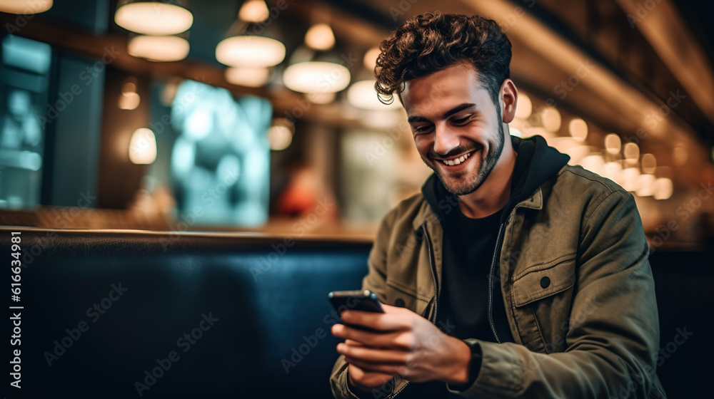 Smiling man with mobile in hand, contact concept. 