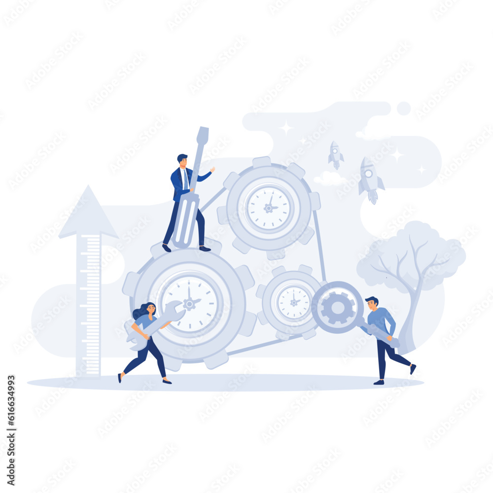 workers couple rotating cogwheels teamwork process concept man woman in overalls repairing mechanism, flat vector modern illustration