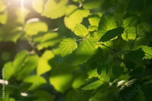 Sun in the blurry green leaves background. Generative AI.