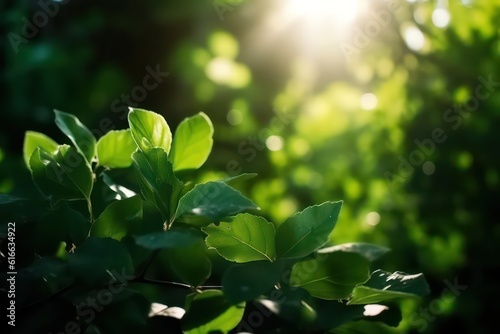 Sun in the blurry green leaves background. Generative AI.
