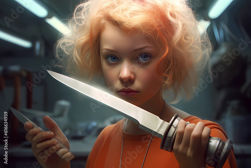  young woman, girl, holding big knife defensively against presumed attacker photo