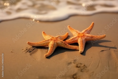 Two starfishes at the beach sand. Generative AI.