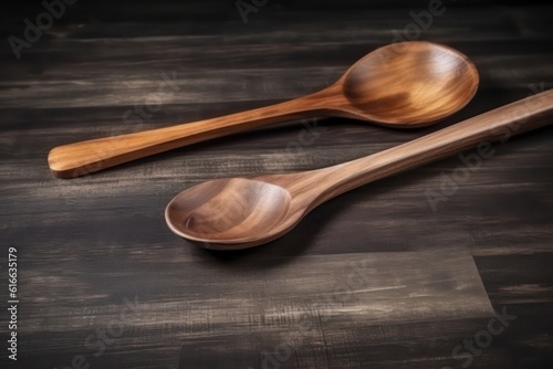Wooden spatula and spoon on wood table with copy space. Generative AI.