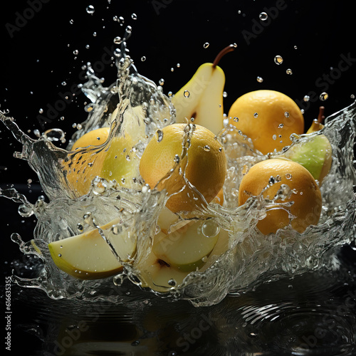 Fresh pears and splashing water created with generative ai tecnology.