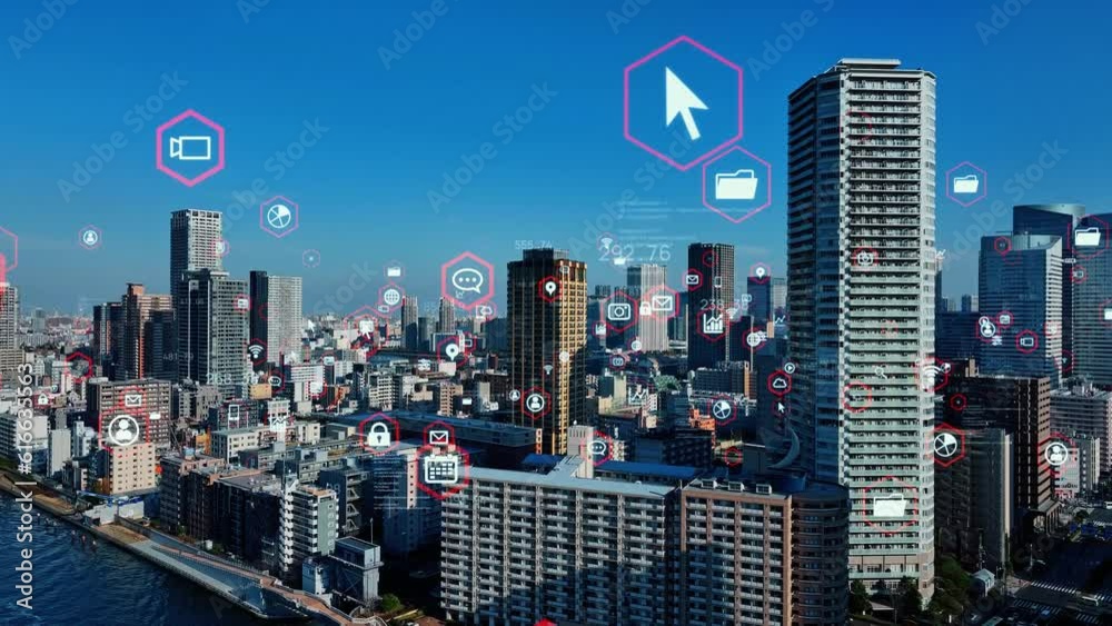 Modern cityscape and communication network concept. Smart city. Digital transformation. Composite visual with a drone point of view. Mixed media.
