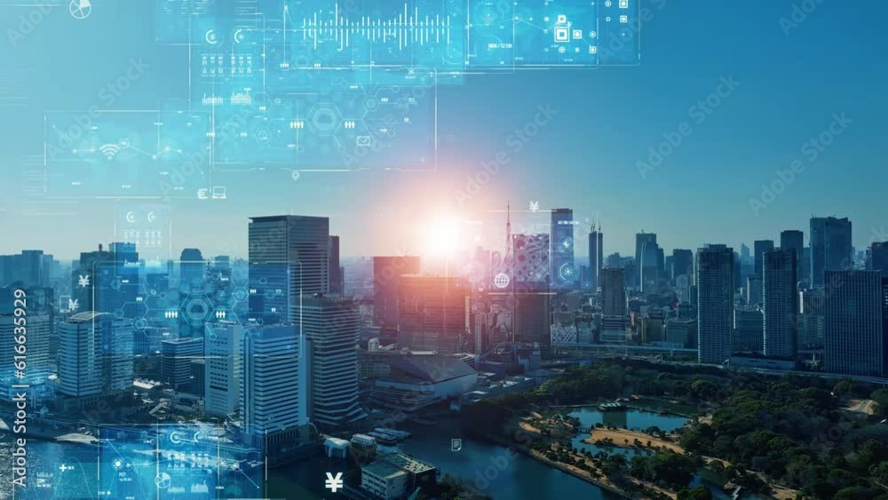 Modern cityscape and digital technology concept. Smart city. Digital transformation. Composite visual with a drone point of view. Mixed media.