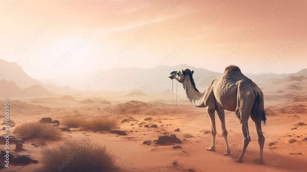 Camel in the desert, hot weather. Created with Generative Ai technology. Camel in the desert, hot weather. Created with Generative Ai technology.