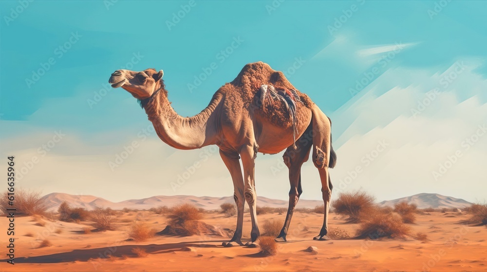 Camel in the desert, hot weather. Created with Generative Ai technology. Camel in the desert, hot weather. Created with Generative Ai technology.
