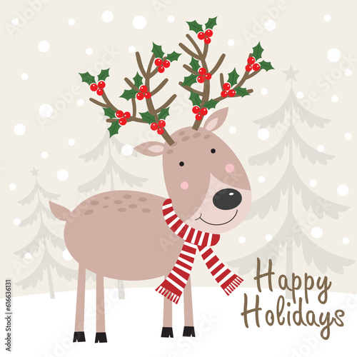 reindeer with christmas tree and snowflakes