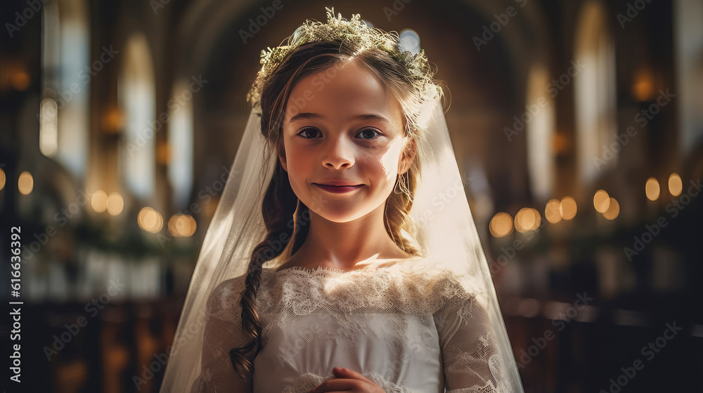Portrait of pretty girl with first communion dress on church background , Created with Generative Ai Technology