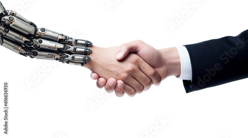 Robot and businessman hands in handshake. Business handshake between robot and human partners or friends on white background. AI technology development and human robot relationships. Generative AI