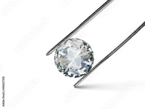 Shiny brilliant diamond placed in diamond tweezers, transparent background © Retouch man