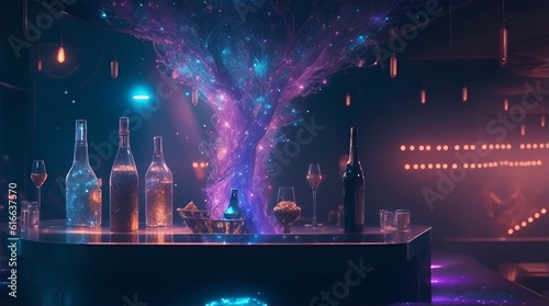 alcoholic drinks on a bar table with bioluminescent decorations