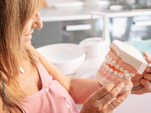 Mould of human teeth. Oral health concept. Mould of human teeth. Close up dental gypsum model. Plaster cast human jaws prothetic laboratory. Oral health concept photo