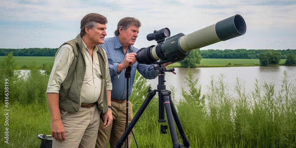 Two men using a telescope - Generative AI
