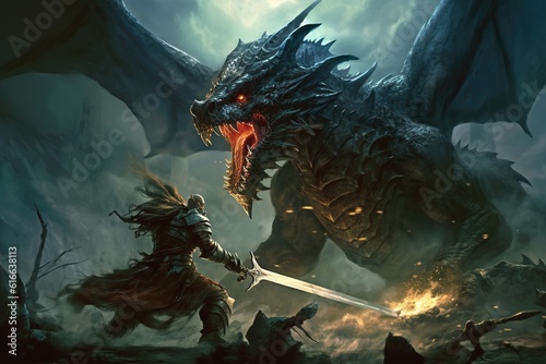Fantasy scene with dragon and knight in battle.Generative Ai