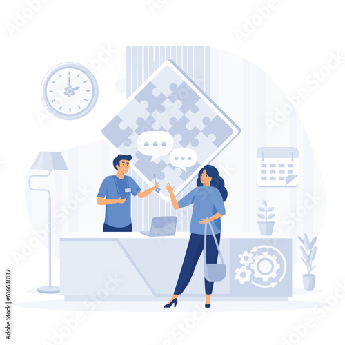 Scene with guests at hotel lobby, travellers standing at reception desk and talking to receptionist. flat vector modern illustration