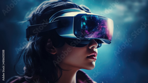 woman in vr helmet on virtual reality background. future technologies, cyber attacks. generative AI