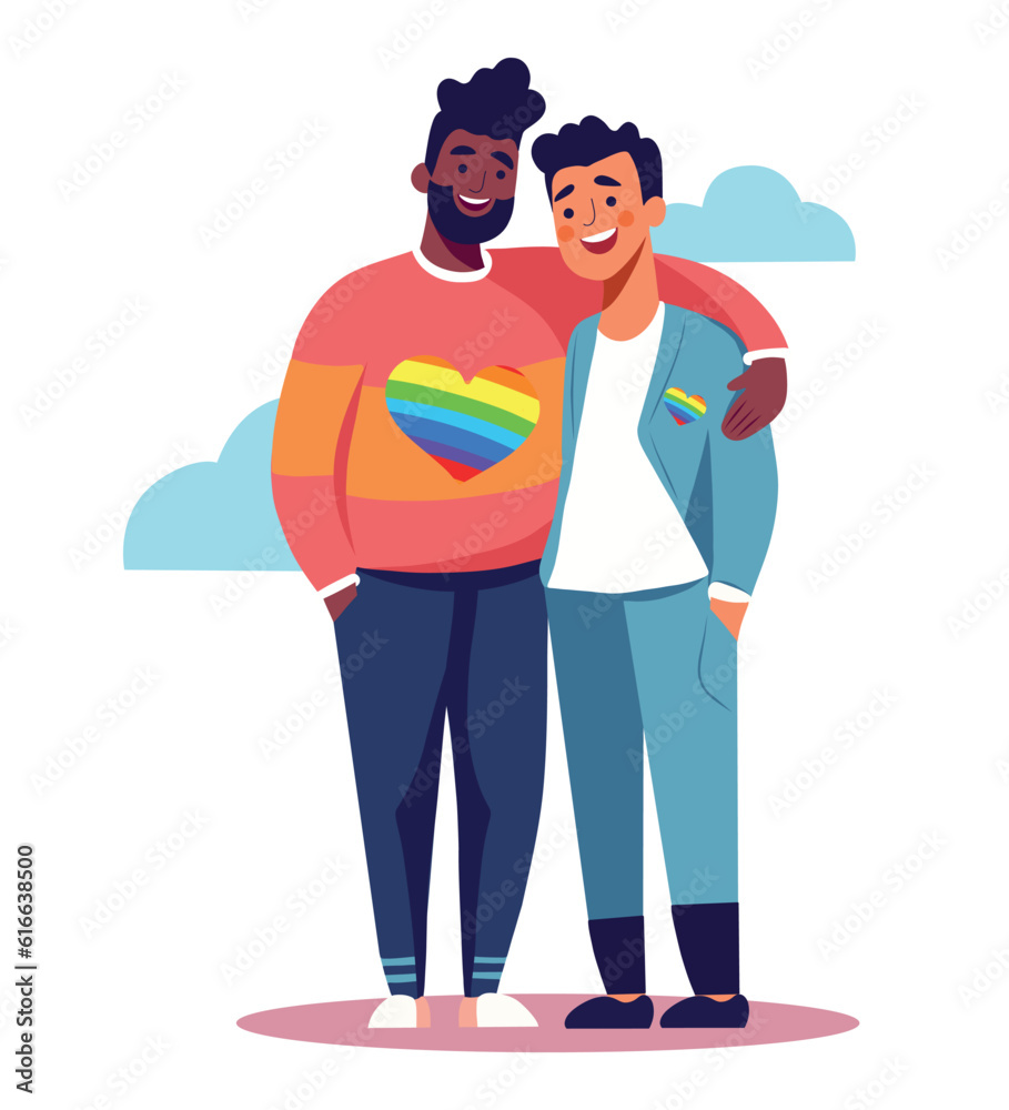 Vector illustration pride month love two men lgbt hug rainbow icon people flat style