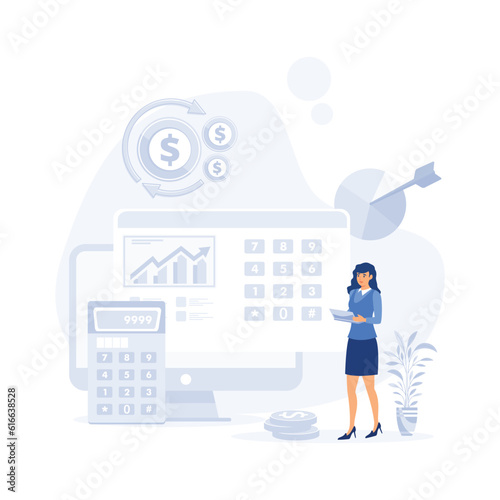 Software for accounting with sheet, formula, calculators. company bookkeeping report by accountants. flat vector modern illustration