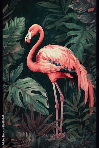 Pink Flamingo posing in front of tropical leaves. 