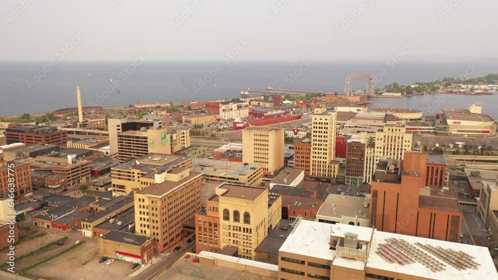 Aerial view of Downtown Duluth, Minnesota, United States. Cityscape, skyline. Spring Summer, sunset Aerial view of Downtown Duluth, Minnesota, United States. Cityscape, skyline. Spring Summer, sunset