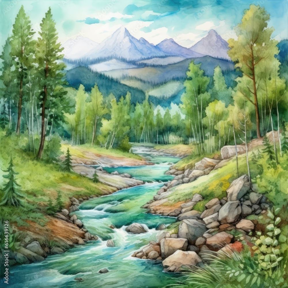Fototapeta premium A beautiful watercolor landscape with mountains, forest and river. (Illustration, Generative AI)
