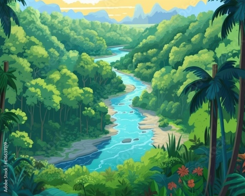 AI generated through lush, green tropical rainforest landscapes. (Illustration, Generative AI)