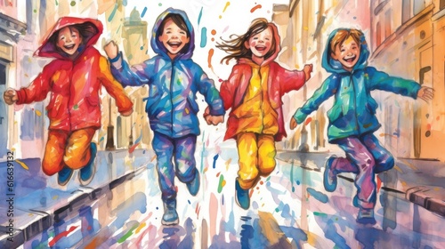 Children in bright raincoats jump and laugh in puddles. (Illustration, Generative AI) © HandmadePictures