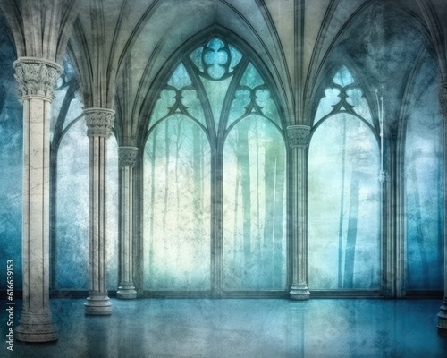 The wallpaper background is abstract Gothic architecture.  Illustration  Generative AI 