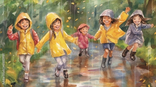 Children in raincoats enjoy exploring wet outdoors. (Illustration, Generative AI)