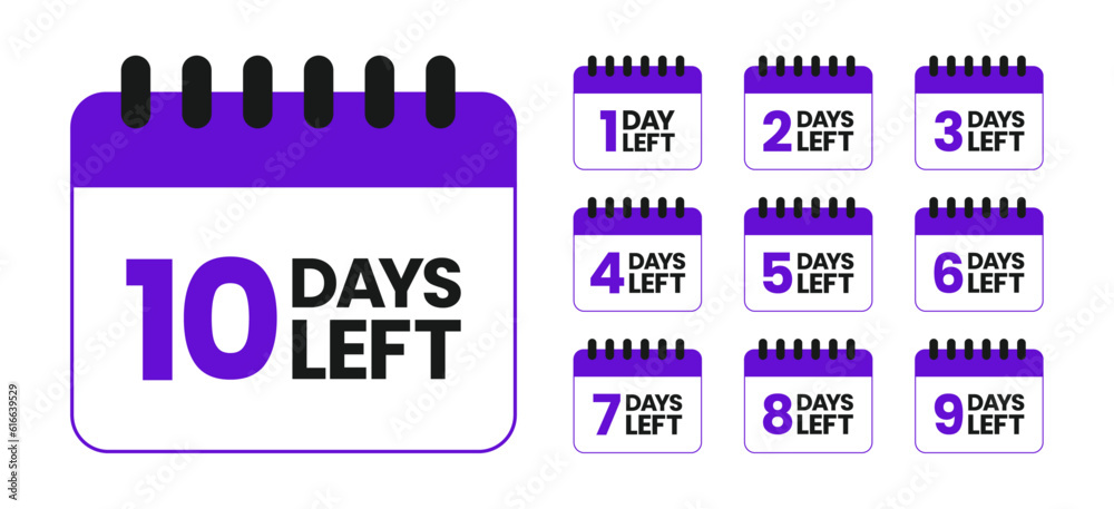 1, 2, 3, 4, 5, 6, 7, 8, 9, 10 Days left icon, days to go, countdown vector on white background, Calender date banner 1, 2, 3, 4, 5, 6, 7, 8, 9, 10 Days left icon, days to go, countdown vector on white background, Calender date banner